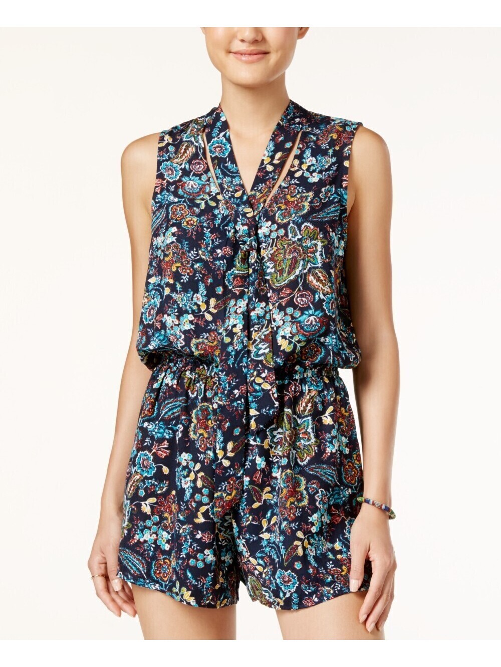 Be Bop Womens Juniors Printed Tie-Neck Romper Jumpsuit Size S